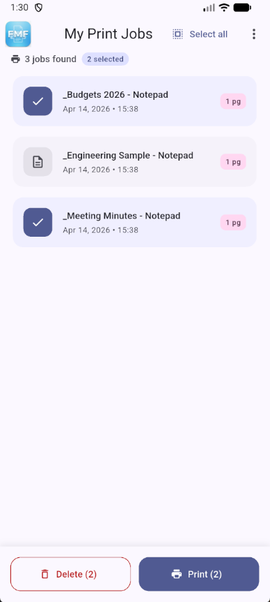 FollowMeFree mobile app showing print job queue ready to release